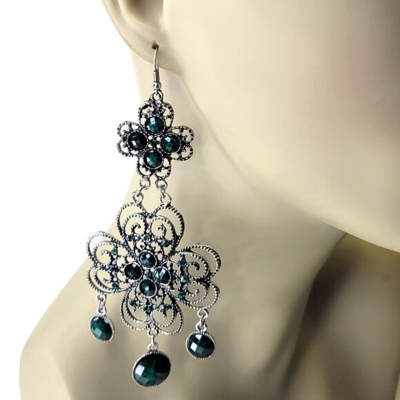 Green Stone Chandelier Statement earrings Green Bead Hook Chandelier Earrings - Picture 2 of 8